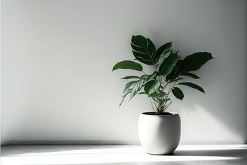 Fototapeta premium a plant in a white pot on a white table with a white wall behind it and a shadow of a plant on the wall behind it. generative ai