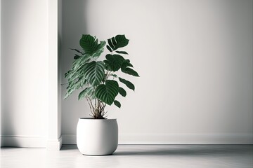  a plant in a white pot on a white floor next to a wall with a white wall behind it and a white wall behind it.  generative ai