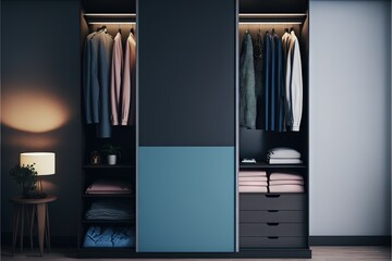  a closet with a blue and grey door and a light on it and a lamp on the side of the closet and a bed in the corner.  generative ai