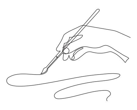 recommend clip art: Hand holds painting brush, one line art template, hand drawn continuous contour.Palm with fingers drawing concept.Editable stroke.Isolated. Vector illustration