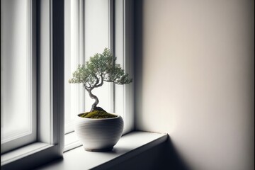 a bonsai tree in a white vase on a window sill with a white wall behind it and a white wall behind it, and a white wall, white, white, painted.  generative ai