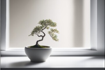  a bonsai tree in a white bowl on a windowsill with a white background and a window behind it, with a white curtain.  generative ai