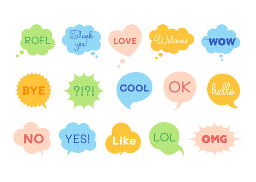 Colorful speech bubbles with chat talk phrases. Communication tags.