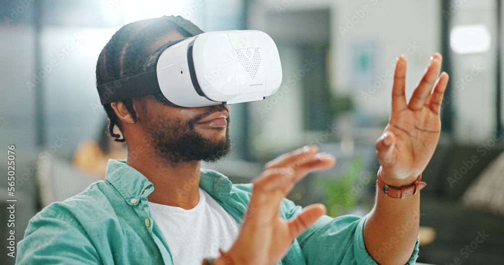 Poster virtual reality, vr metaverse and black man work on cyber dashboard, augmented reality or ai softwar