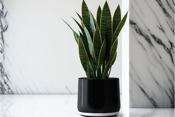  a plant in a black pot on a marble countertop next to a white wall and a marble wall behind it with a white frame.  generative ai