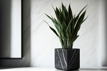  a plant in a black vase on a table next to a mirror and a wall with a marble pattern on it and a black frame.  generative ai