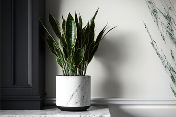  a plant in a white vase on a marble table top in a room with a white wall and a black cabinet with a marble top.  generative ai