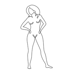 Naked woman one line art, hand drawn lady figure continuous contour. Nude female body concept, beauty industry template. Editable stroke. Isolated. Vector illustration