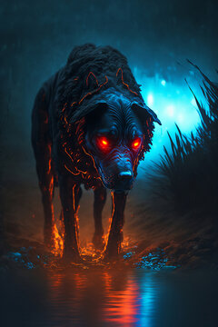scary black dog with  luminous eyes  runs at night