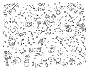 Fototapeta na wymiar Love doodle set, hand-drawn romantic design elements. Passionate feelings,festive decoration for Valentine's Day, drawing by ink, pen,marker.Isolated.Vector