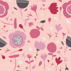 Floral seamless pattern in a pink and brown colour on a pale coral background

