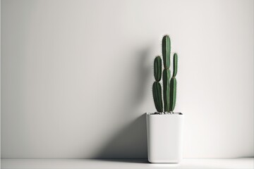  a cactus in a white pot on a white table top with a white wall behind it and a white wall behind it with a white wall.  generative ai