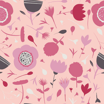 Floral seamless pattern in a pink and brown colour on a pale coral background
