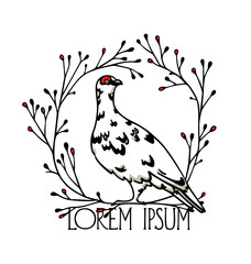 Vector card with hand drawn graceful motley rock ptarmigan in floral winter wreath. Ink drawing, decorative graphic style. Beautiful animal design elements, northern destinations travel poster