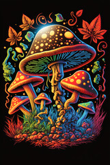 Colorful Magic Mushrooms, AI generated Illustration