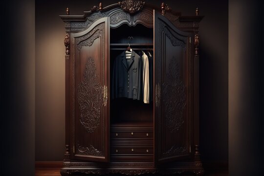  a wooden wardrobe with a coat hanging on it's door and a coat hanging on a hanger on the door, in a dark room.  generative ai