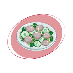 Mexican seafood dish - Aguachile. Mushrooms with cucumbers, onions and lime juice. Vector illustration. Cartoon.