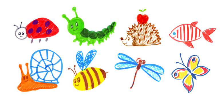 Felt pen childlike drawing illustration set of cute animals and insects