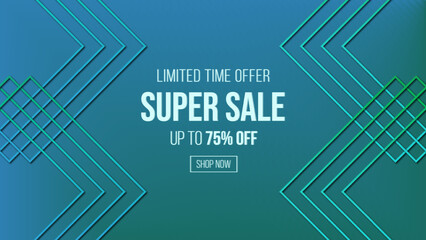 Sale banner green turquoise color template design with geometric background , Big sale special offer up to 75% off. Super Sale, end of season special offer banner. vector illustration.