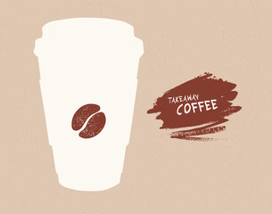 Takeaway coffee paper cup silhouette with coffee bean and paint brush banner on old paper vintage background.