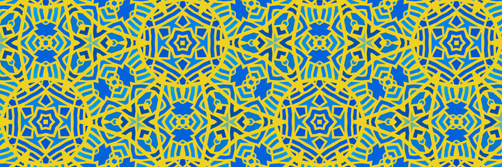 Textured ethnic pattern. Geometric shapes (circles and triangles). Yellow, water green an blue colors. Illustration