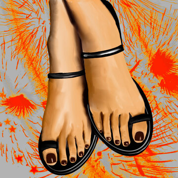 woman's feet wearing black flip-flop sandals, nails painted with BURGUNDY nail polish, grey, orange and red abstract background - artistic drawing - picture to print