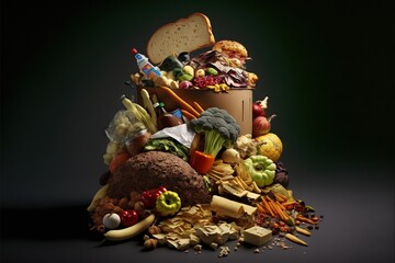  a pile of food that is sitting on a table with a black background and a green background behind it, with a black background and white border.  generative ai