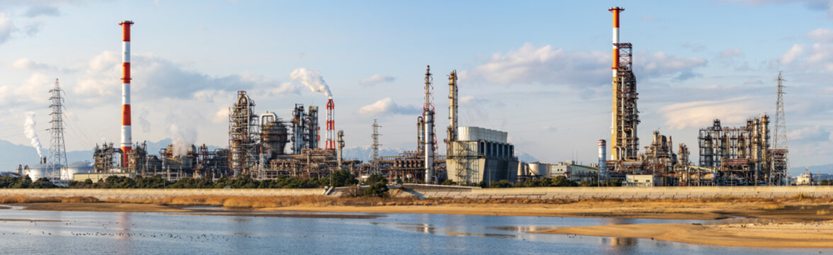 Ultra wide image of the petrochemical complex at Yokkaichi Port, Yokkaichi city, Mie prefecture, Japan at daytime.	