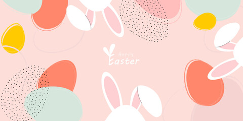 Vector hand drawn horizontal banner. Happy easter. Festive banner. Holidays, discounts, eggs, bunny, bunny ears. Easter Bunny.