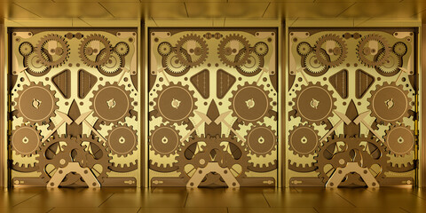 Abstract gold mechanical background, 3d rendering