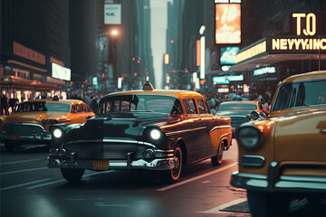  a busy city street filled with lots of traffic and tall buildings with neon signs on top of them and a taxi cab driving down the street.  generative ai