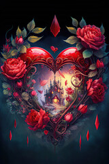 Beautiful red fantasy heart with red roses, green leaves and a castle on a dark background, valentine, painting, vertical, Generative AI