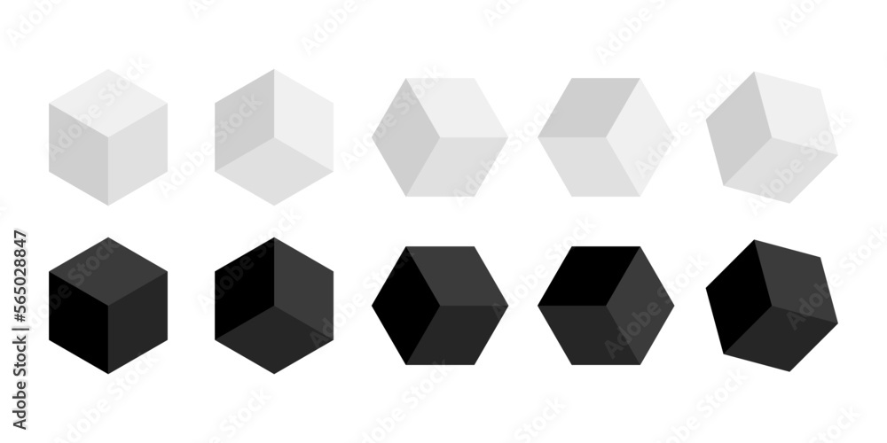 Poster set of isometric cube from different sides. black and white abstract geometric figures. vector illus