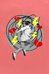Creative running away excited energetic student guy broken heart thunderbolt doodle painting hole no electricity blackout isolated on pink background
