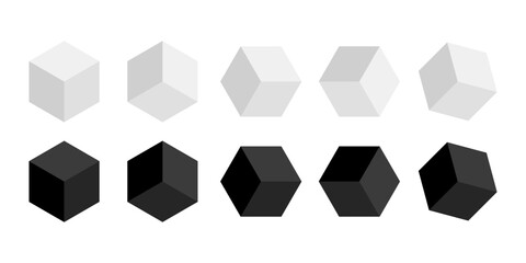 Set of isometric cube from different sides. Black and white abstract geometric figures. Vector illustration isolated on white background.