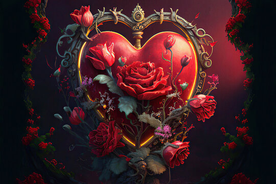 Beautiful fantasy red heart with red roses on a dark red background, love, valentine, painting, Generative AI