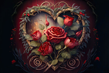 Beautiful fantasy heart with red roses on a dark red background, love, valentine, painting, Generative AI