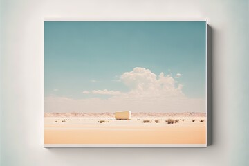  a picture of a desert with a sky background and a few clouds in the sky above it is a small building in the middle of the desert.  generative ai
