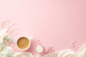 Hello spring concept. Top view photo of cup of fresh coffee candle gypsophila flowers and white plaid on isolated pastel pink background with copyspace
