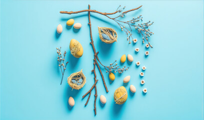 a blue background with eggs and branches with flowers and eggs on them, and a blue background with a blue background with a blue border.  generative ai