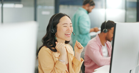 CRM, woman or Asian customer service applause for success telemarketing consultant, support or...