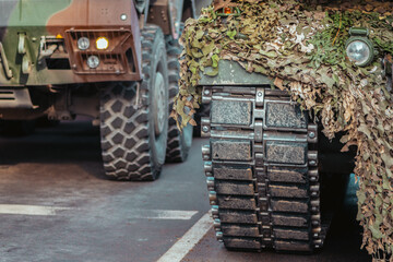 NATO response force or North Atlantic Treaty Organization armored crawler tanks and other military...