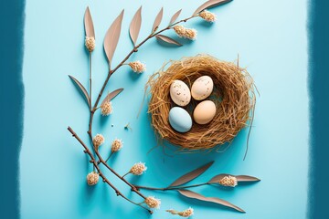 Naklejka na ściany i meble a nest with eggs and flowers on a blue background with a branch of a plant and leaves on the side of the nest is a blue background. generative ai