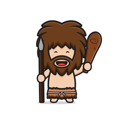 Cute primitive caveman holding cudgel and spear cartoon icon clip art illustration