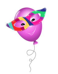 Luftballon mit bunte Masken Brille mit Glitzer und Gesicht,
Karte Vorlage für Partys,
Vektor Illustration isoliert auf weißem Hintergrund

