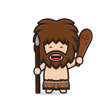 recommend clip art: Cute primitive caveman holding cudgel and spear cartoon icon clip art illustration