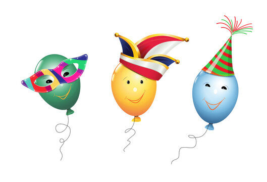 Luftballons mit fröhliche Gesichter, mit Masken Brille und Hut,
Karte Vorlage für Fasching und andere Partys und Feste,
Vektor Illustration isoliert auf weißem Hintergrund
