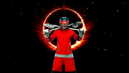 Lacrosse player, athlete. Download photo for sports betting advertisement. Website header. Sports design in red neon glow. Sport and motivation wallpaper.