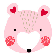 Illustration of the face of a teddy bear with the muzzle and ears like a heart, Valentine's illustration. Vector drawing