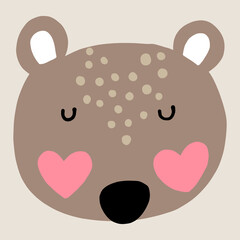 Illustration of the face of a teddy bear with its cheeks in the shape of a heart, Valentine's illustration. Vector drawing